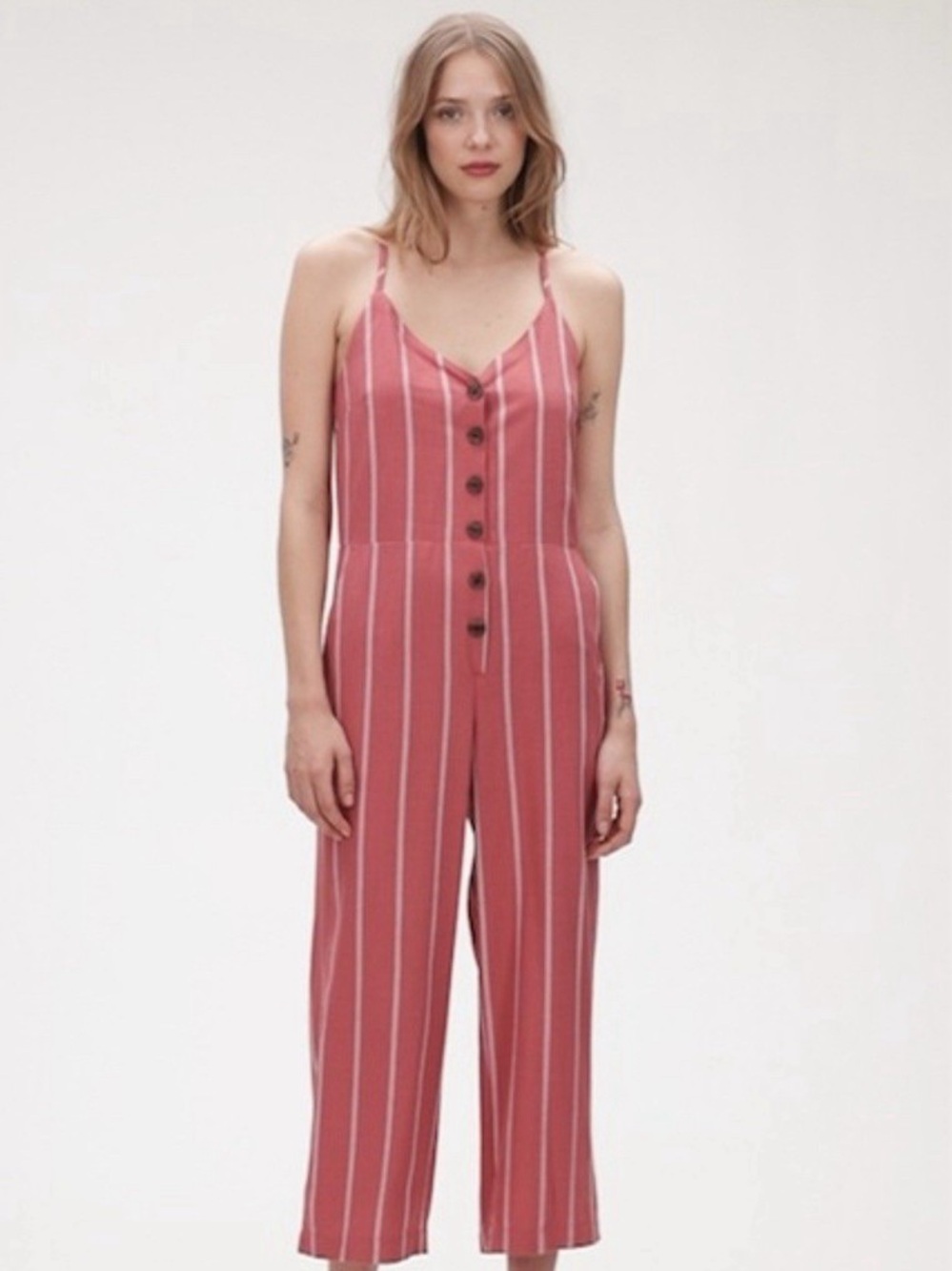 GAP Tie-Back Cami Cropped Jumpsuit Romper Pink White Stripe Size 2 - Picture 5 of 8